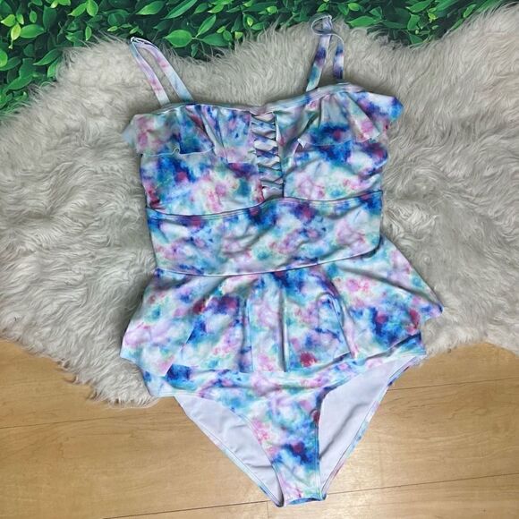 Watercolor ruffled two-piece tank and bikini set swimsuit size XL - Picture 10 of 13
